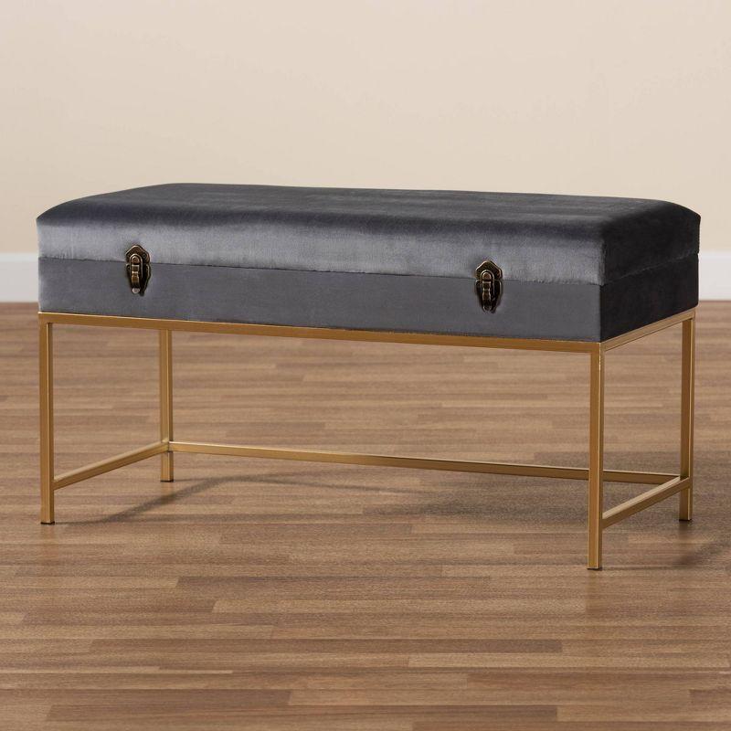 Aliana Velvet Fabric and Metal Large Ottoman Gold - Baxton Studio: Antique Brass Latch, Storage, No Assembly Required