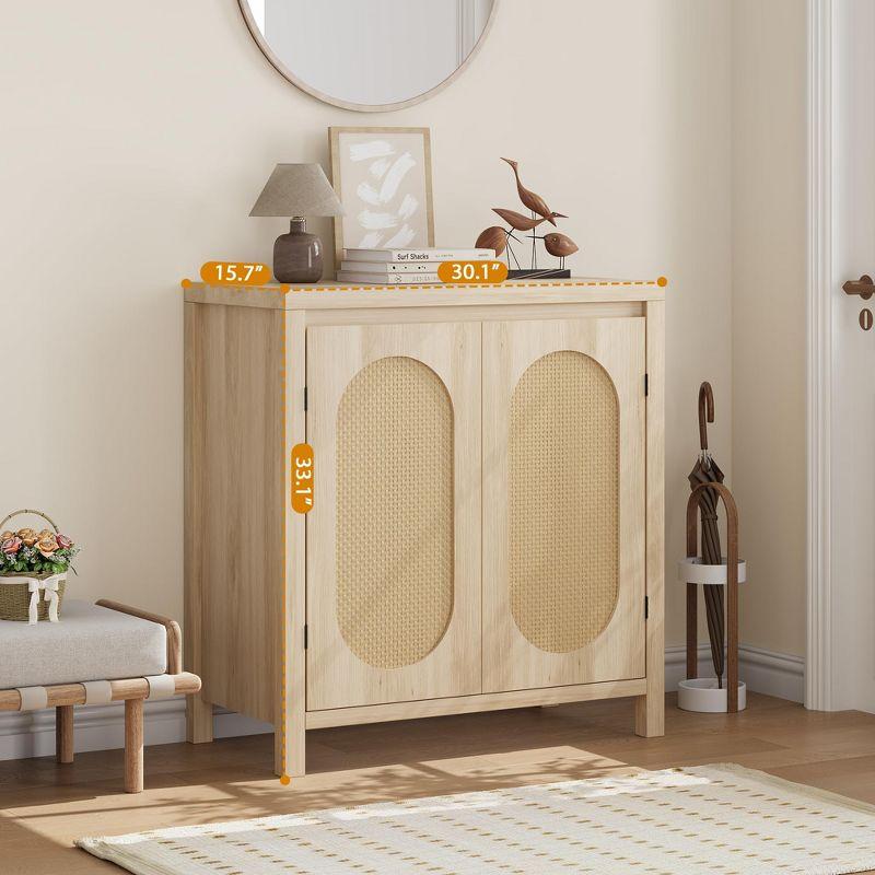 Rattan Storage Cabinet, Wooden Sideboard Buffet Cabinet with Doors and Shelves, Small Console Cabinet with Storage
