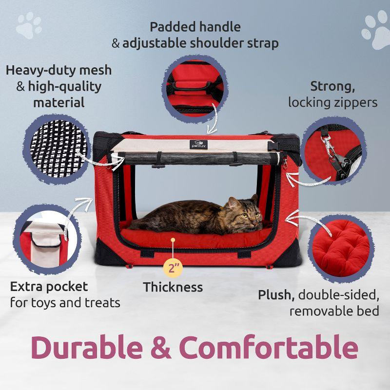 PetLuv Cat & Dog Carrier Foldable Pet Travel Crate, Removable Plush Pillow, Privacy Windows, Locking Zippers, Pocket, Seatbelt Straps, Medium Red