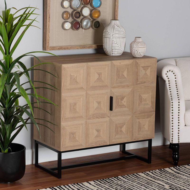 Darien Natural Brown Wood and Black Metal Geometric Accent Cabinet