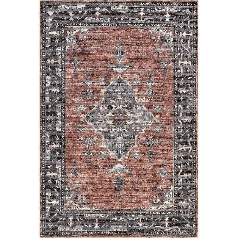 Brick and Gray Medallion Washable Synthetic Area Rug, 3' x 5'