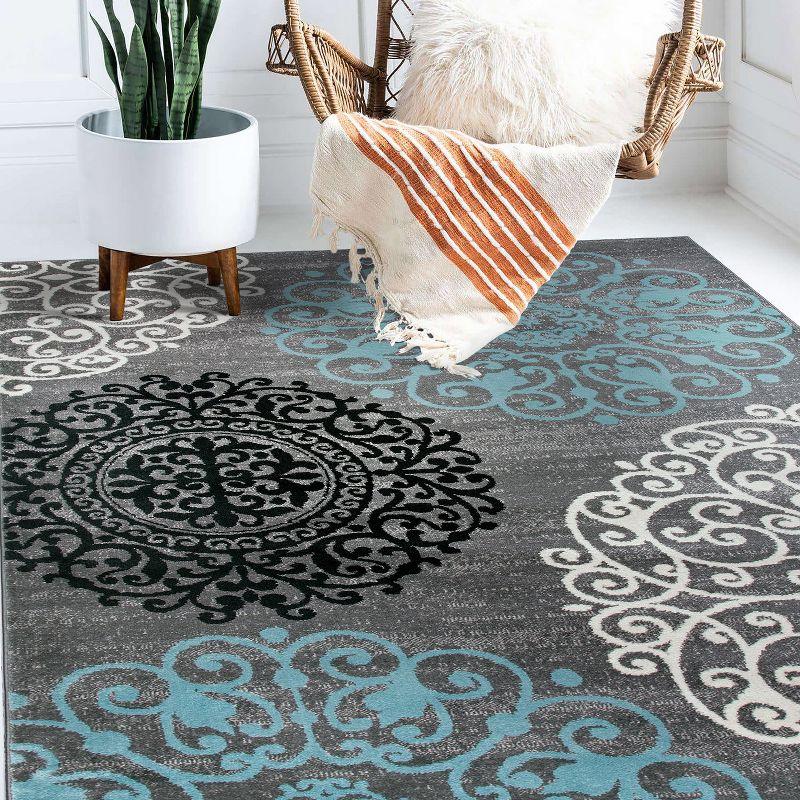 Gray and Blue Floral Synthetic Low Pile Area Rug