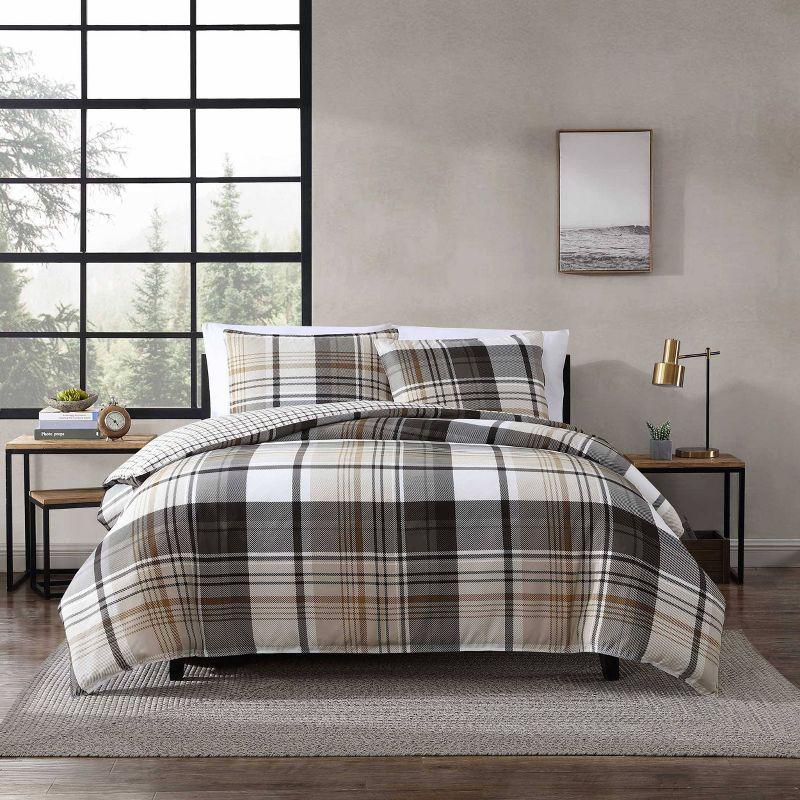 King Black and Beige Plaid Microfiber Duvet Set