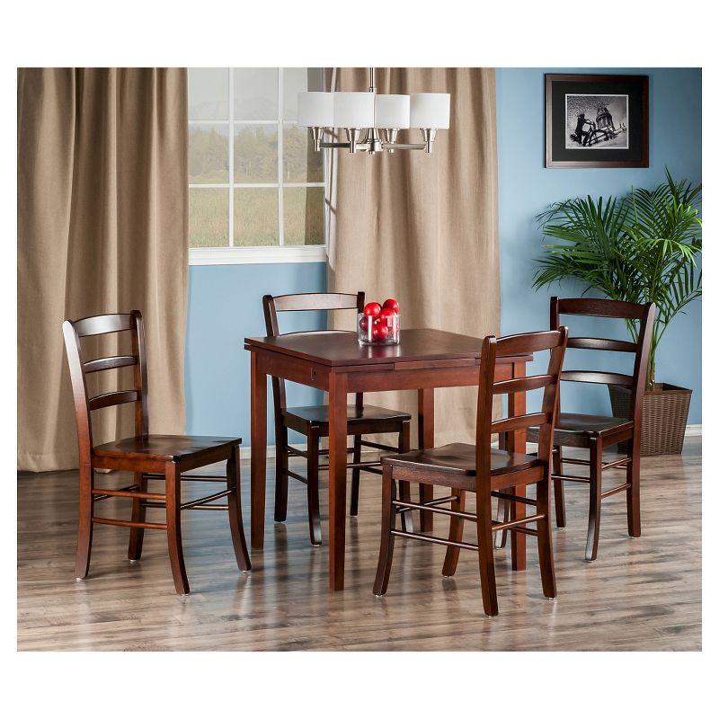 5pc Pulman Dining Set with Ladder Back Chairs Wood/Walnut - Winsome: Mid-Century Modern, Square Table, 4 Stools