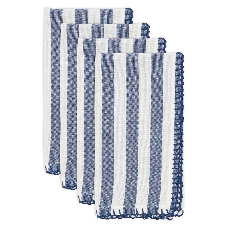 Saro Lifestyle Lively Pompom Border Striped Cotton Napkin (Set of 4), Blue, 20"x20"