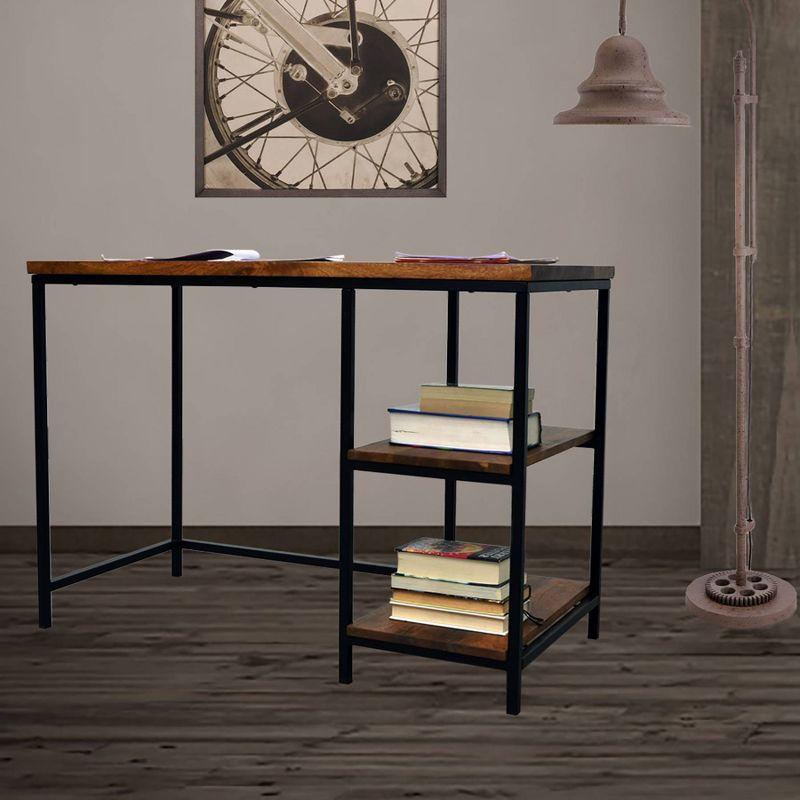 Chestnut Brown Mango Wood and Black Metal Desk with Shelves