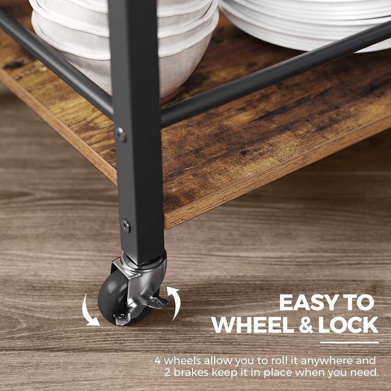 VASAGLE Kitchen Serving Cart with Removable Tray, 3-Tier Kitchen Utility Cart on Wheels with Storage, with Brakes, Rustic Brown and Black