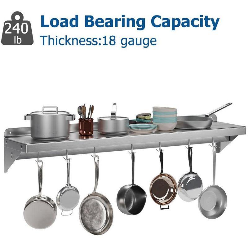 Whizmax Metal Storage Rack with Backplash for Kitchen,12" x 60" Stainless Steel Wall Mount Shelf with 5 Hooks