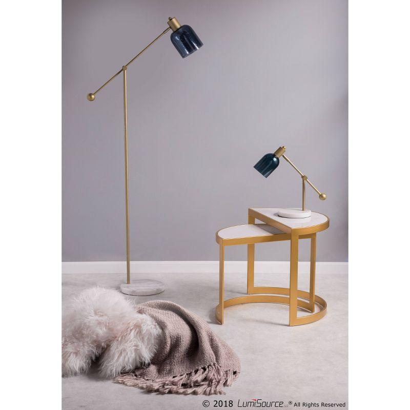 Everly Quinn Marcel Contemporary Floor Lamp In White Marble, Gold Metal And Blue Glass