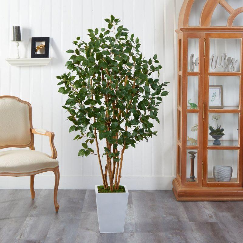 Nearly Natural 5.5-ft Ficus Bushy Artificial Tree in White Metal Planter