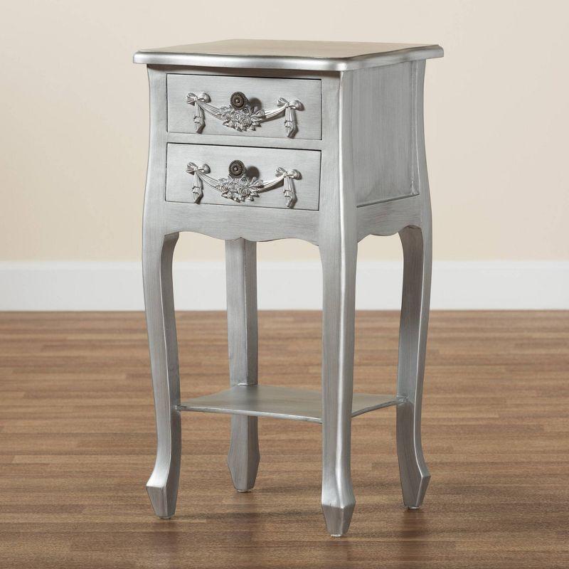 Eliya Brushed Wood 2 Drawer Nightstand Silver - Baxton Studio: Solid Frame, Open Shelf, Fully Assembled