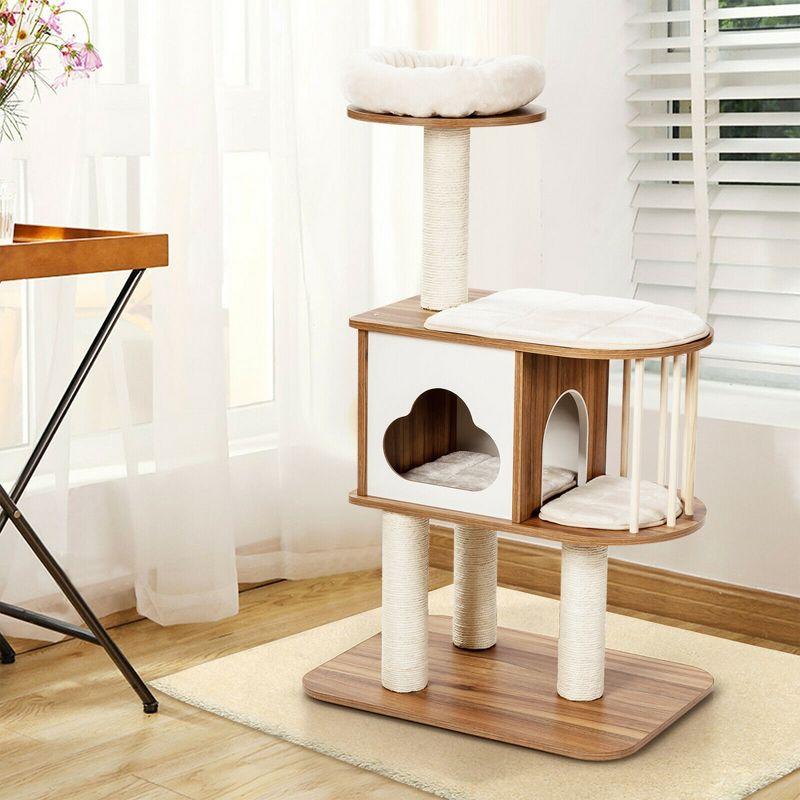 Costway 46'' Modern Wooden Cat Tree with Platform & Washable Cushions for Kittens & Cats