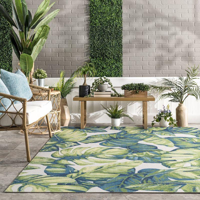 Tropical Leaf Design Blue Synthetic Square Indoor/Outdoor Rug