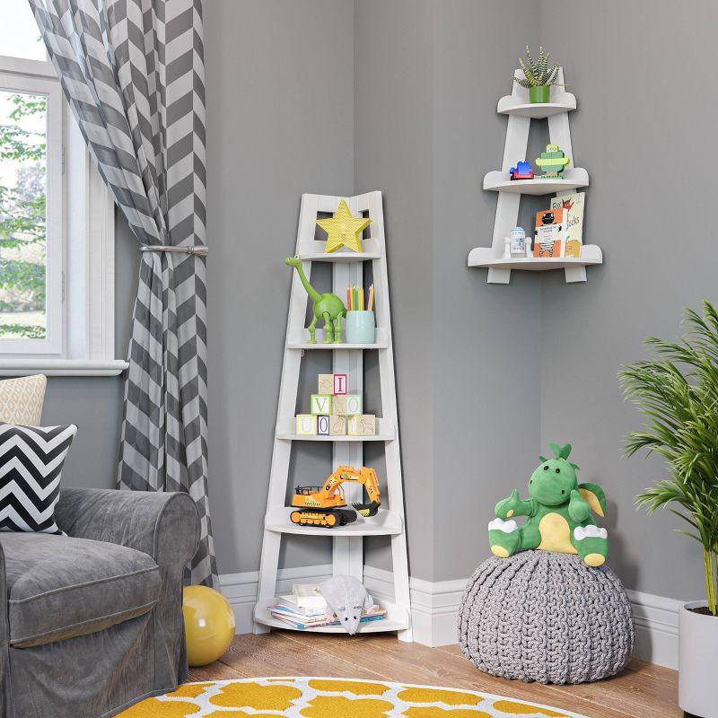 White Wood Kids Corner Ladder Shelf with Adjustable Tiers