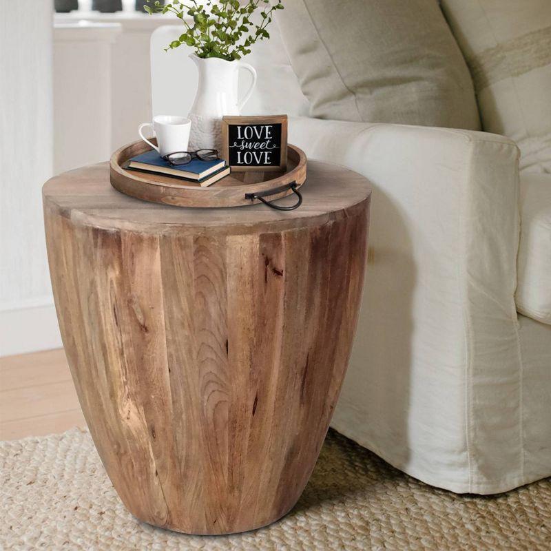 The Urban Port Hand Carved Cylindrical Shape Round Mango Wood Distressed Wooden Side End Table Brown: No Assembly, Polished Finish