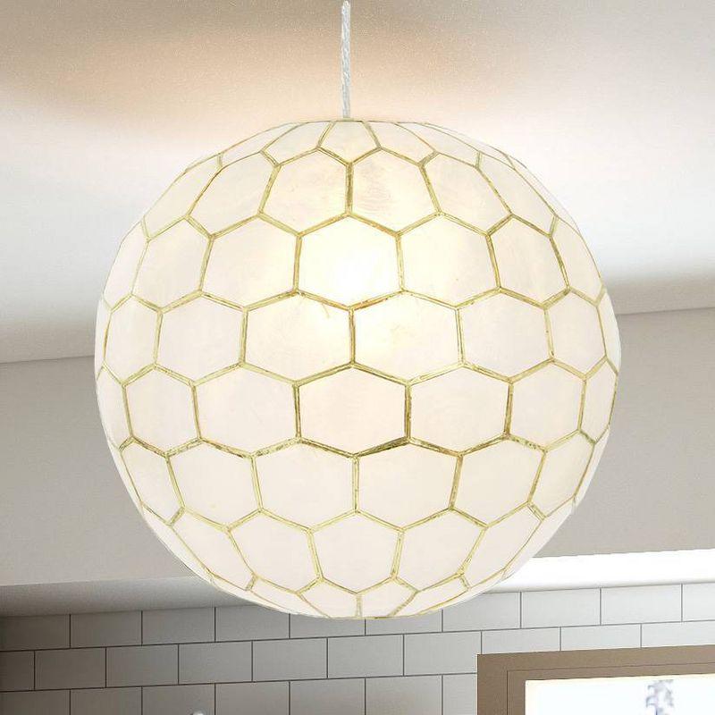 Storied Home 14"x13" Capiz Honeycomb Globe Pendant Light Capiz White Seashells Antique Gold: ETL Listed, Iron Frame, No Bulbs Included