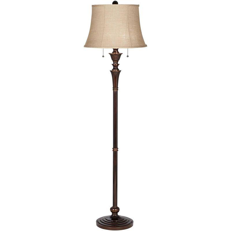 Regency Hill Brooke Rustic Vintage Retro Floor Lamp Standing 60" Tall Rich Bronze Copper Burlap Bell Shade for Living Room Bedroom Office House Home