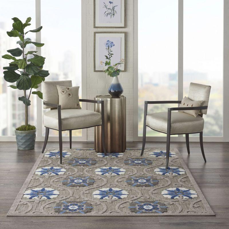 Nourison Aloha Contemporary Floral Flatweave High-Low Indoor Outdoor Area Rug Grey/Blue 3'6" x 5'6"