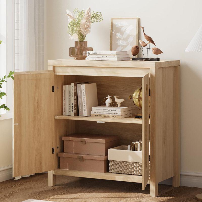 Rattan Storage Cabinet, Wooden Sideboard Buffet Cabinet with Doors and Shelves, Small Console Cabinet with Storage