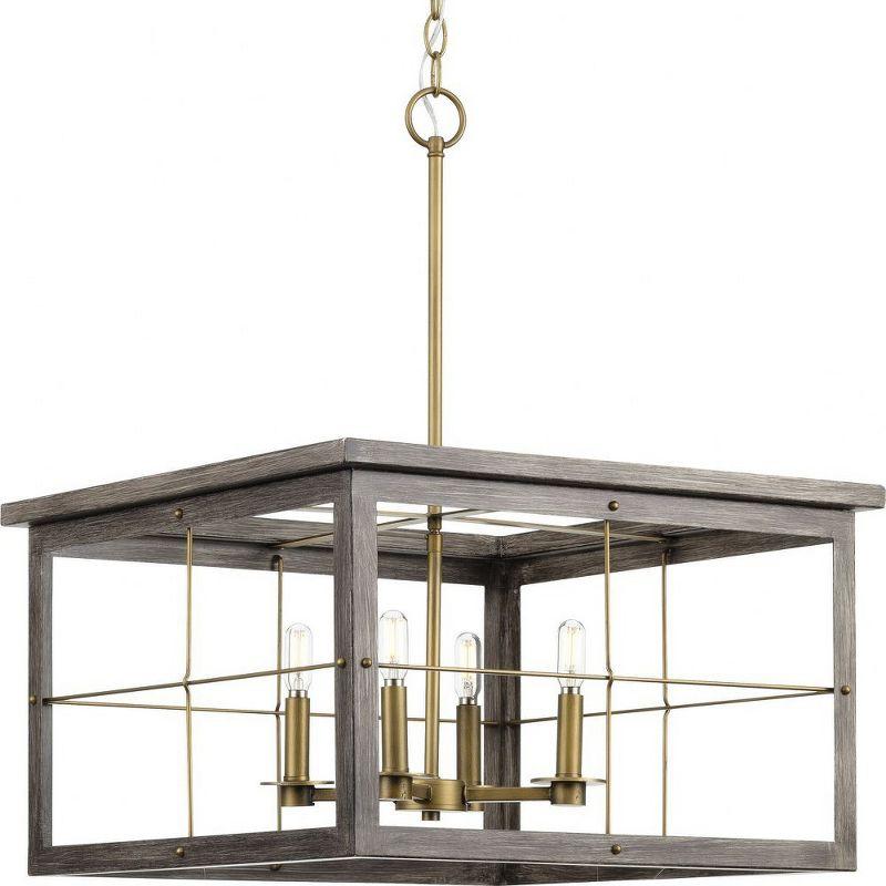 Progress Lighting, Hedgerow Collection, 4-Light Chandelier, Distressed Brass, Windowpane Design