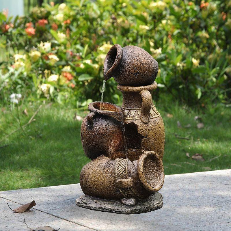 LuxenHome Brown Urns Resin Outdoor Fountain with Lights