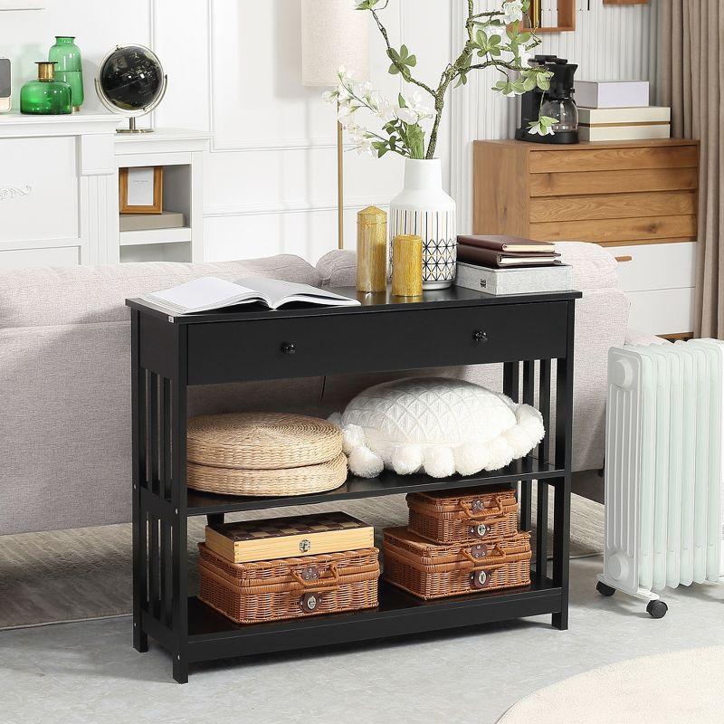 HOMCOM Console Hallway Table with Extra Wide Pull Out Drawer, 2 Open Shelves and Slatted Wood Frame Design