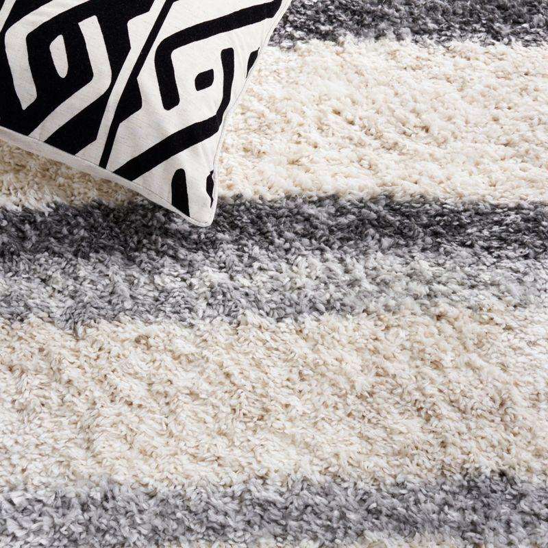 Ivory and Grey Striped Synthetic Shag Area Rug