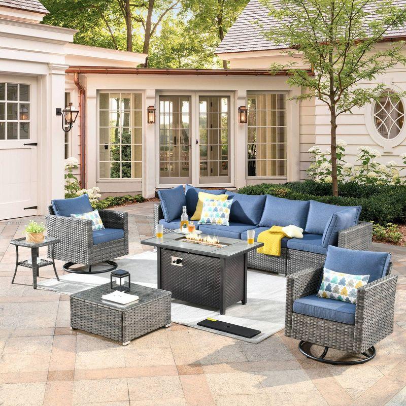 Venice 9-Piece Gray Wicker Patio Sofa Set with Denim Blue Cushions and Copper Fire Pit