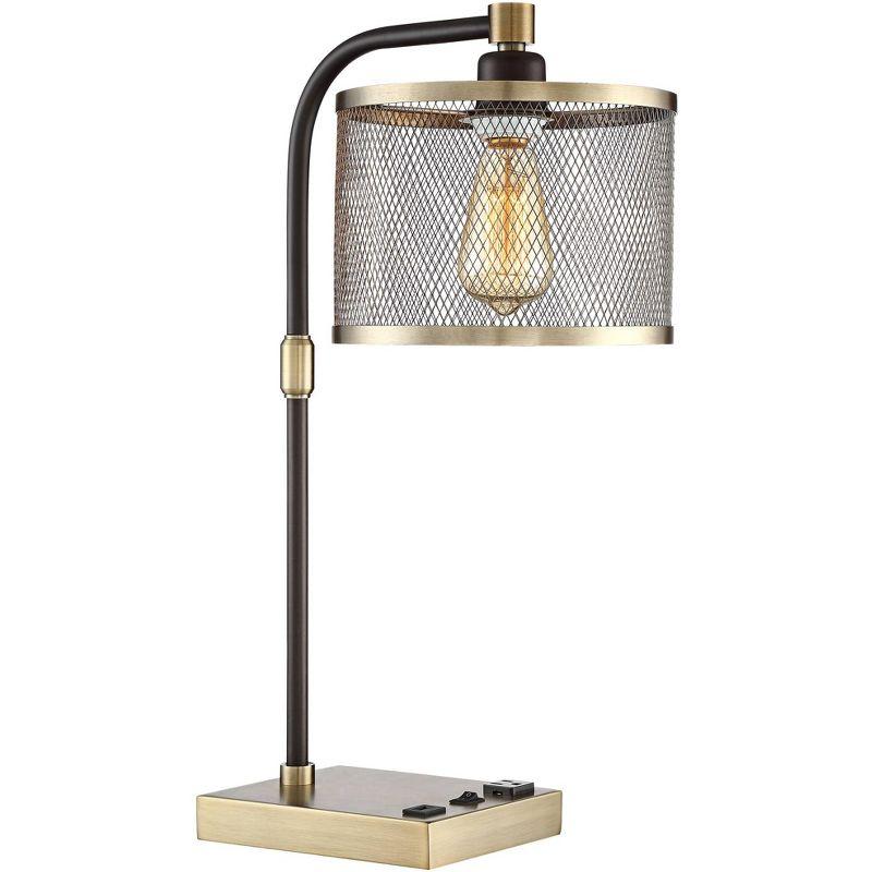 360 Lighting Brody Industrial Desk Lamp 22 1/4" High Antique Brass with USB and AC Power Outlet in Base Black Perforated Metal Shade for Living Room