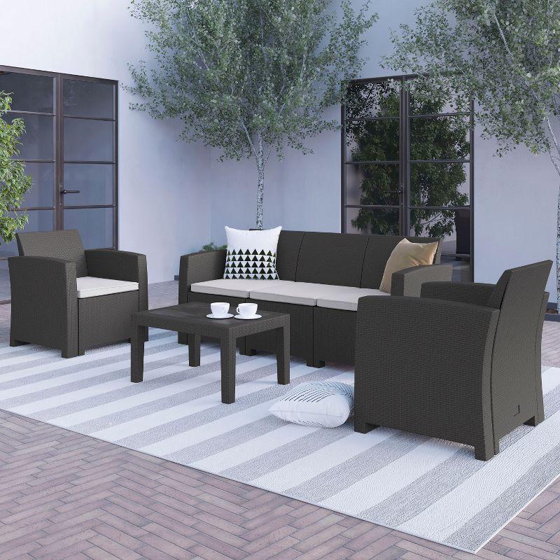 Merrick Lane 4 Piece Dark Gray Faux Rattan Patio Furniture Set with 2 Chairs and Sofa with Removable Light Gray Cushions and Table