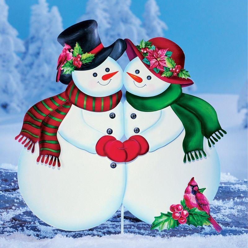 Festive Snowman Couple Metal Yard Stake with Cardinal Accents