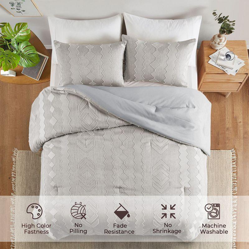 Peace Nest 3 Piece Tufted Embroidery Comforter Set Soft Clipped Microfiber Year-Round Warmth Geometric Design, Khaki, Full/Queen