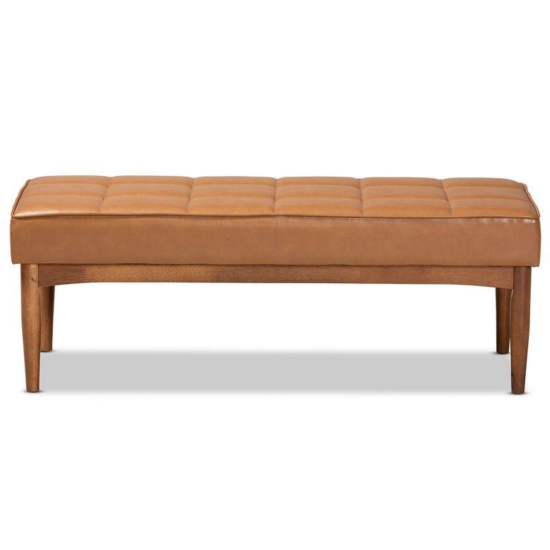 Sanford Tan Wood Dining Ottoman Walnut Brown - Baxton Studio: Faux Leather, Biscuit Tufted, Tapered Legs