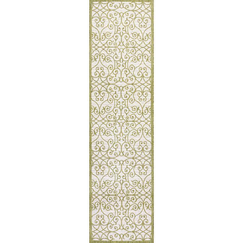 2' x 10' Madrid Vintage Filigree Textured Weave Indoor/Outdoor Runner Rug, Green/Cream - JONATHAN Y