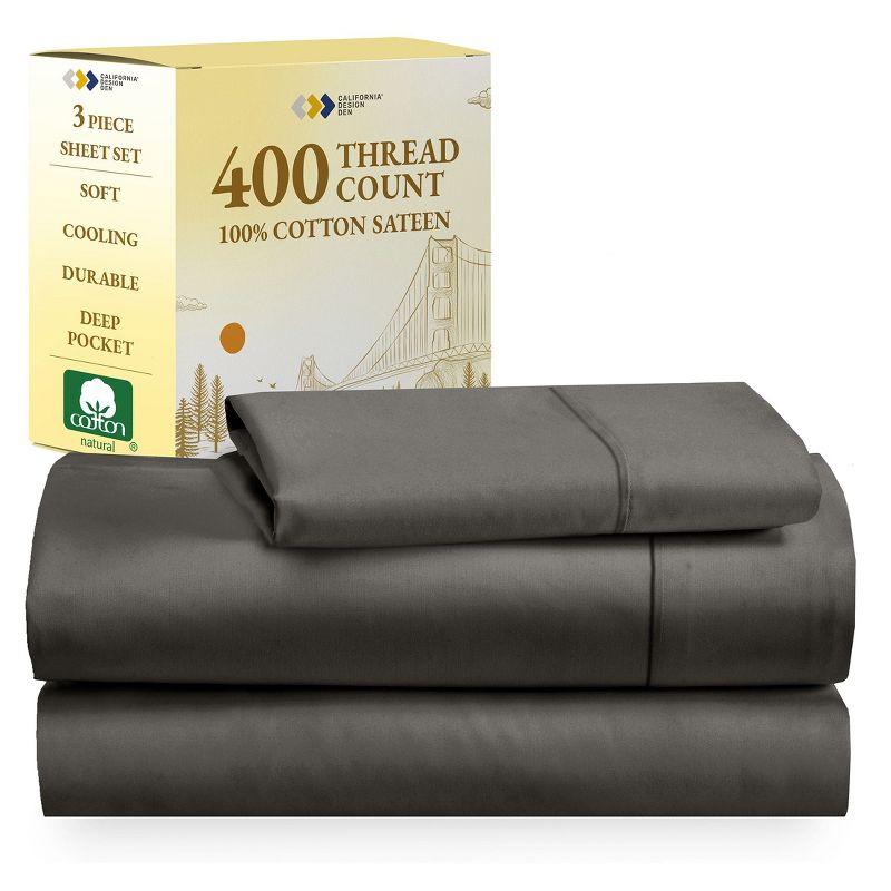 Dark Gray Twin XL Sheet Set - 100% Cotton Cooling Bed Sheets, 400 Thread Count Sateen Weave, Deep Pocket 3 Piece Bedding - California Design Den