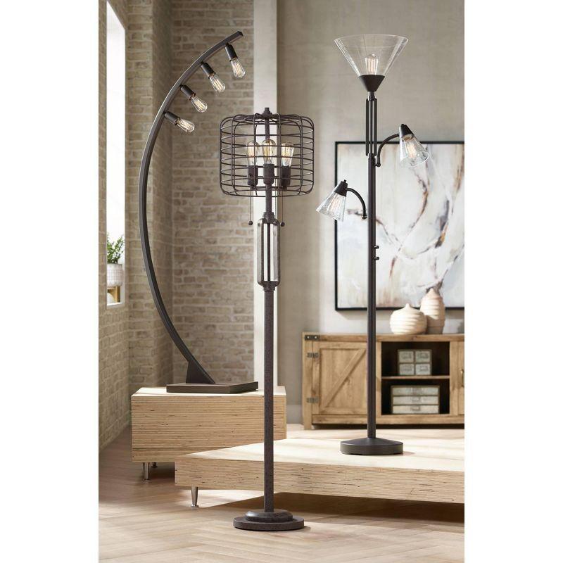 Franklin Iron Works Warwick Industrial Torchiere Floor Lamp with Side Lights 71 1/2" Tall Tiger Bronze LED Clear Seedy Glass for Living Room Reading