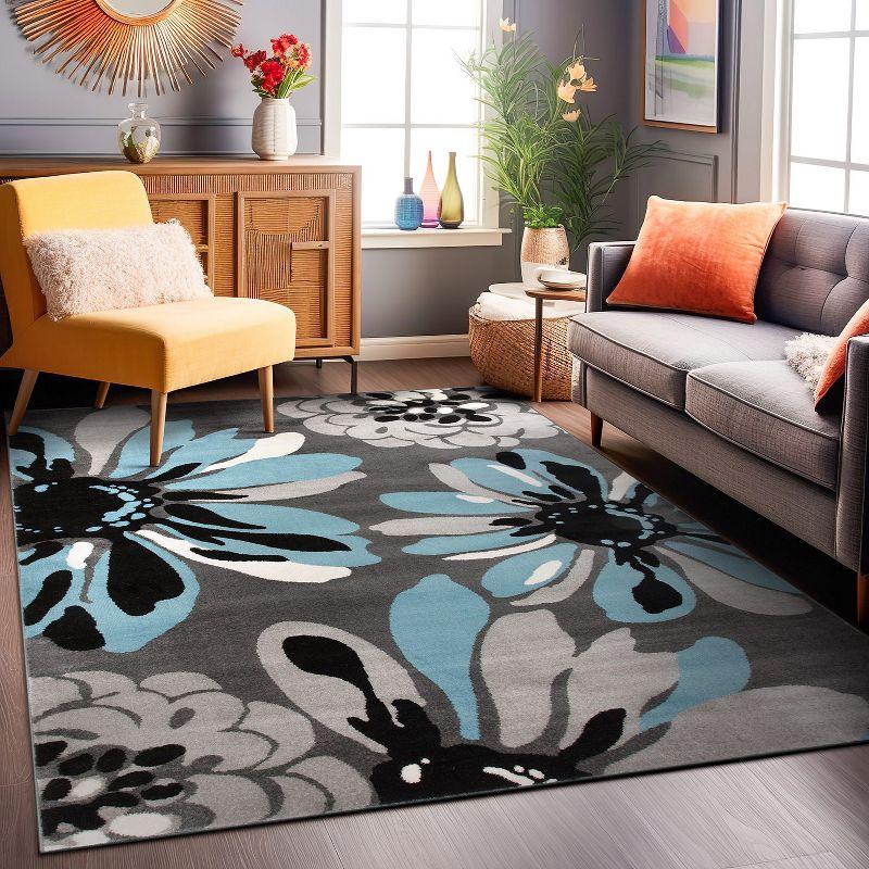 World Rug Gallery Contemporary Modern Flowers Area Rug - Blue 3'3" x 5':  Stain-Resistant,  Low Pile,  Floral Pattern