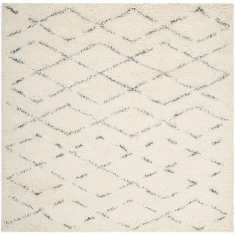 Ivory and Grey Hand-Tufted Wool Shag Area Rug, 6' x 6'