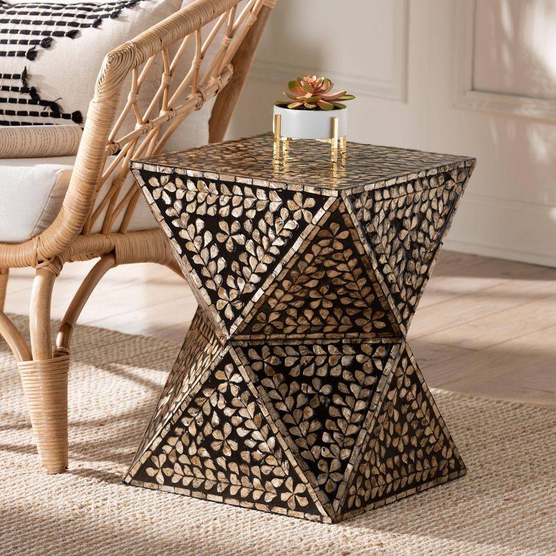 Baxton Studio Feronia Mother of Pearl End Table Black/Floral Bronze: 18.1" High, No Assembly, MDF Square Accent Table