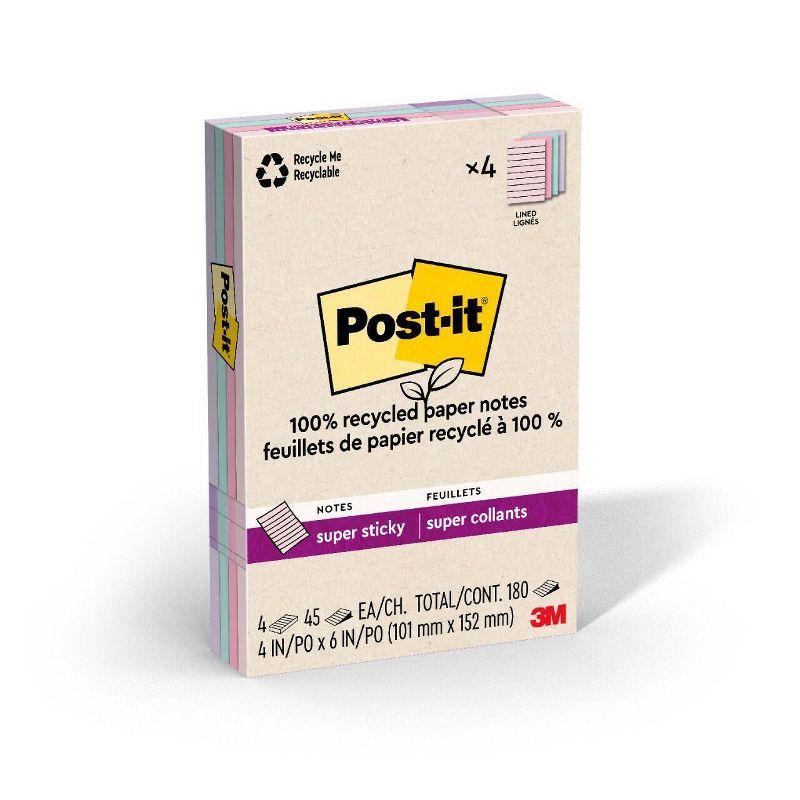 Post-it Recycled Super Sticky Notes 4"x6" Pastels: Large Unbound Multicolored Sticky Notes, 180 Sheets, 100% Recycled Paper