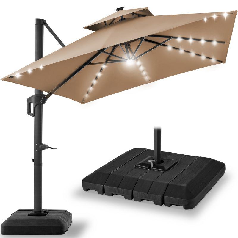 Arlmont & Co. Ronessa 10x10ft 2-Tier Square Outdoor Solar LED Cantilever Patio Umbrella w/ Base Included