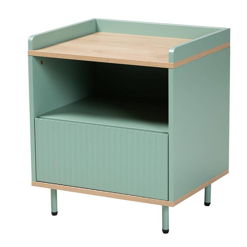 Tavita Two-Tone Wood 1 Drawer End Table Oak Brown/Mint Green - Baxton Studio: Side Table with Storage Shelf