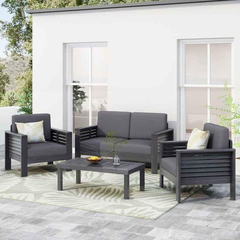Christopher Knight Home Rabun Outdoor Acacia Wood 4 Seater Chat Set with Cushions, Dark Gray