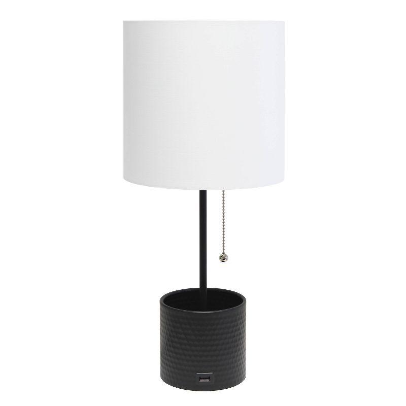 Black Hammered Metal Table Lamp with USB Port and White Shade