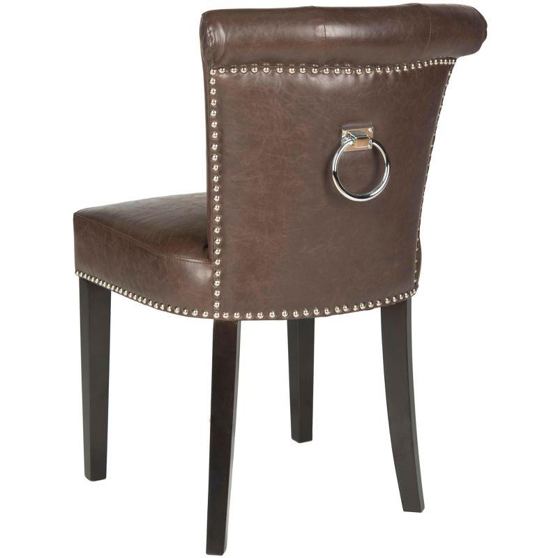 Transitional Antique Brown Leather Parsons Chair with Silver Accents - Set of 2