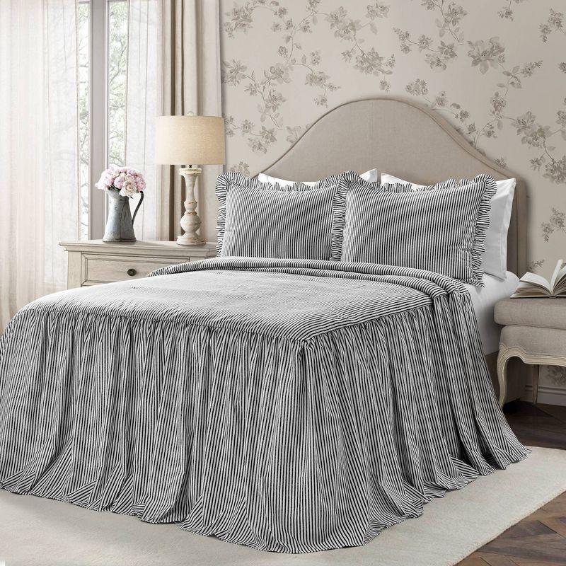 Elegant Black Ruffle-Edged Queen Bedspread Set with Pinstripes