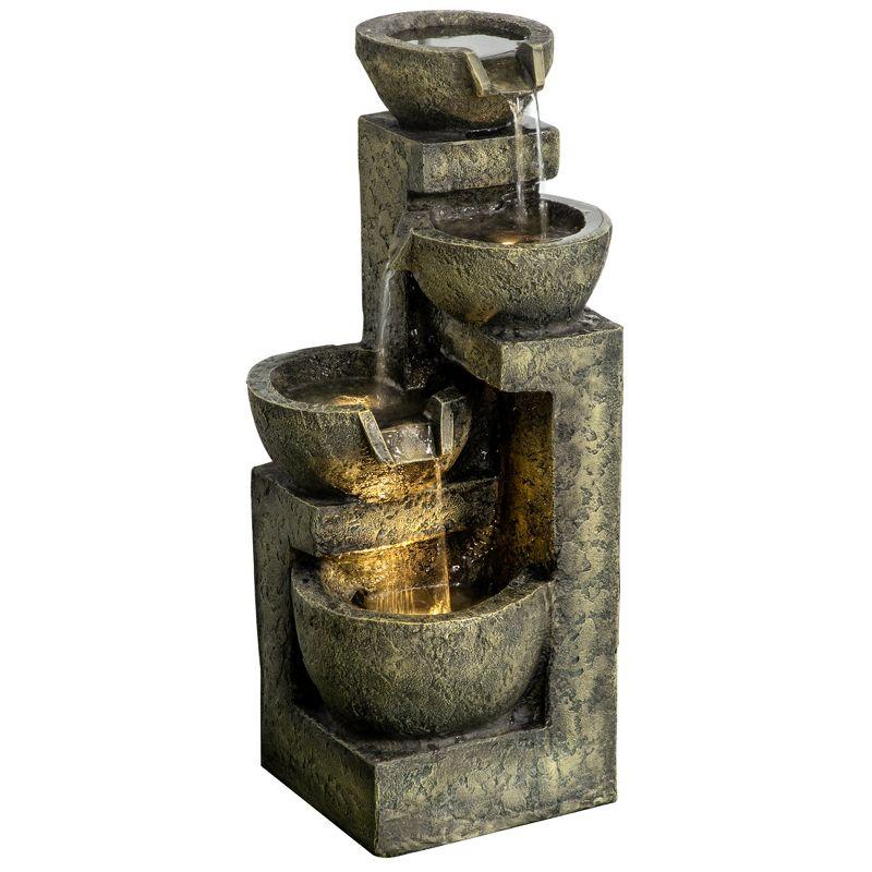 Rustic Gray Stone Look 4-Tier Outdoor Fountain with LED Lights