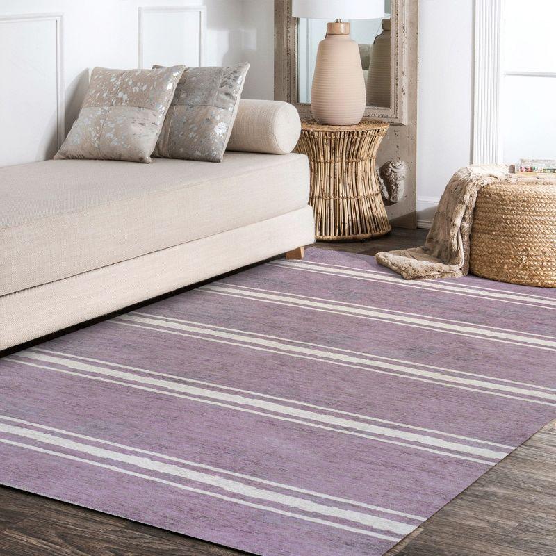 Lavender Ivory Stripe Machine-Washable Rectangular Area Rug