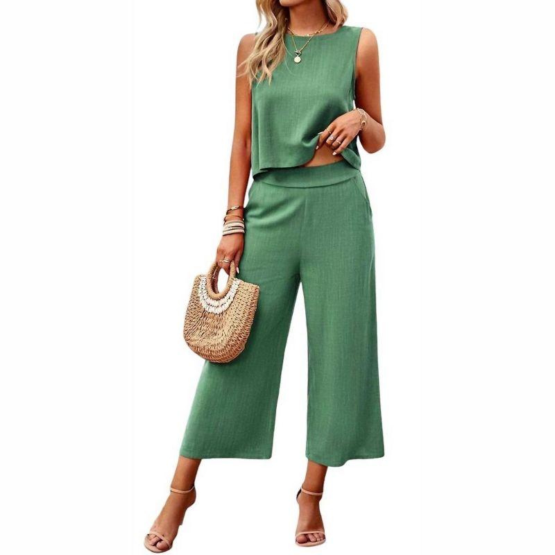 Women's Sleeveless Cropped Top and Wide Pants Set - Lily Clothing