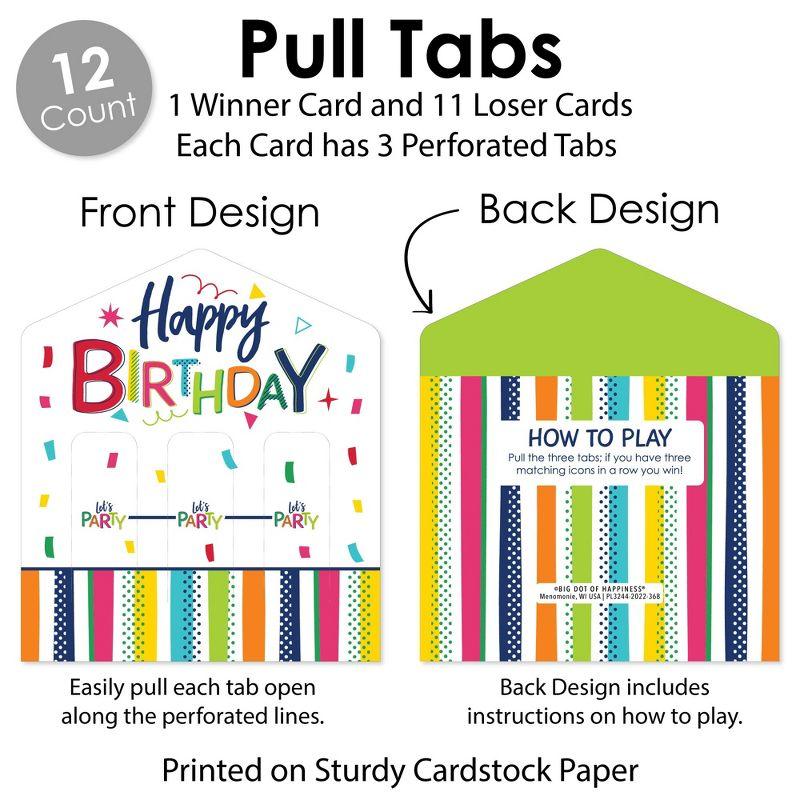 Big Dot of Happiness Cheerful Happy Birthday - Colorful Birthday Party Game Pickle Cards - Pull Tabs 3-in-a-Row - Set of 12